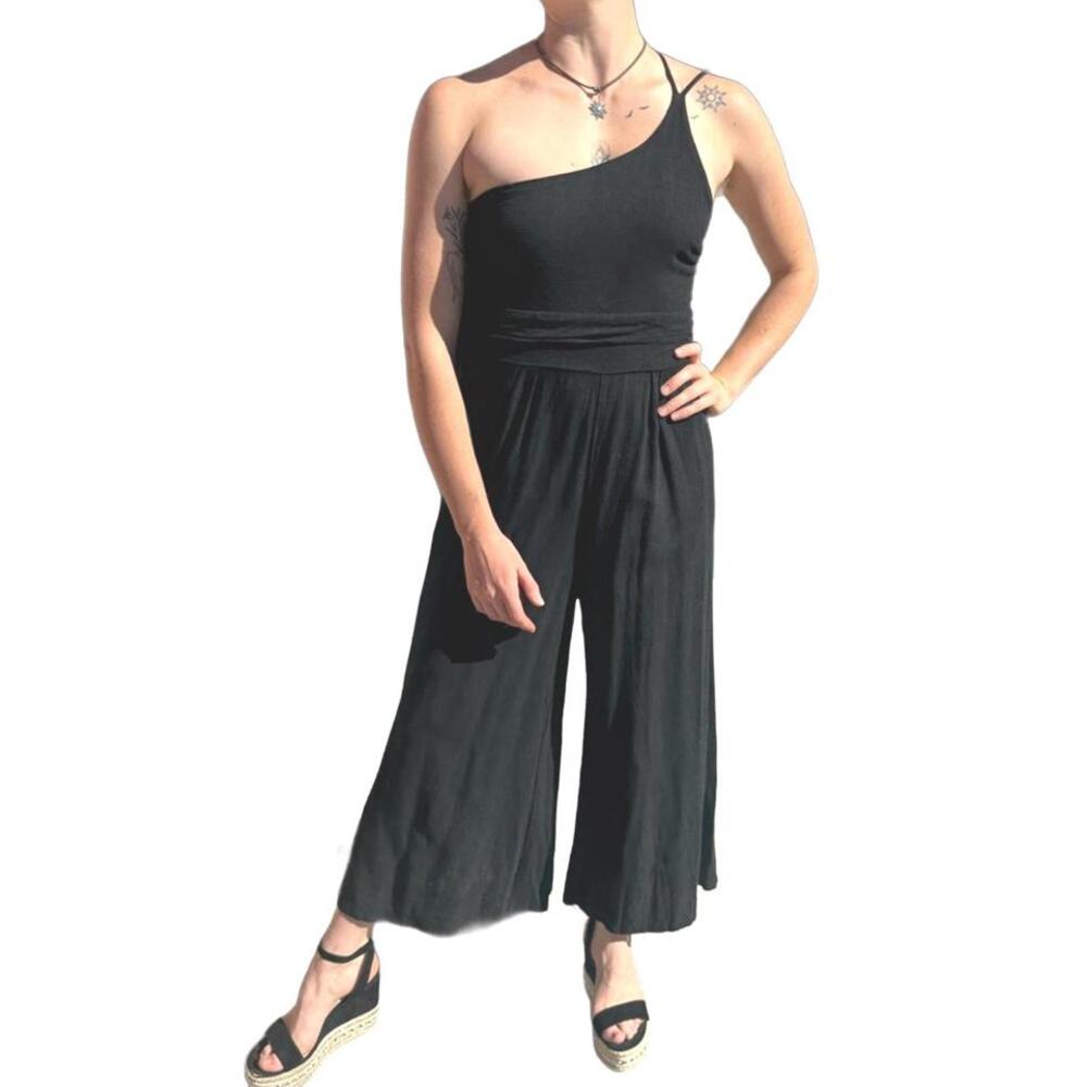 Anrabess Medium Black Linen One-Shoulder Wide Leg Jumpsuit